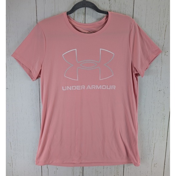 Under Armour Size Large Womens Pink Logo Short Sleeve Loose HeatGear Top - Picture 1 of 8